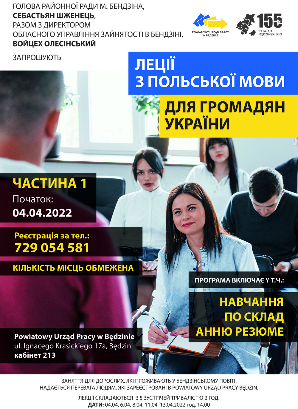 plakat z informacjami na temat kursu języka polskiego dla Ukraińców