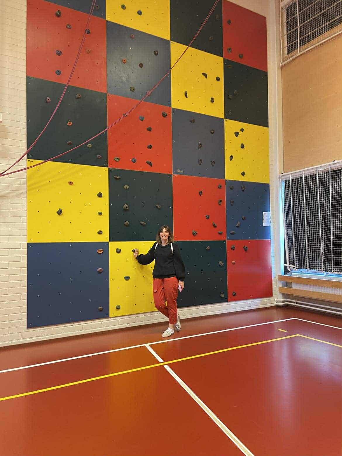 Zdjęcie przedstawia ściankę wspinaczkową z&nbsp;pozującą osobą