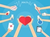 Grafika przedstawiająca ręce trzymające przyrządy lekarskie skierowane w stronę serca