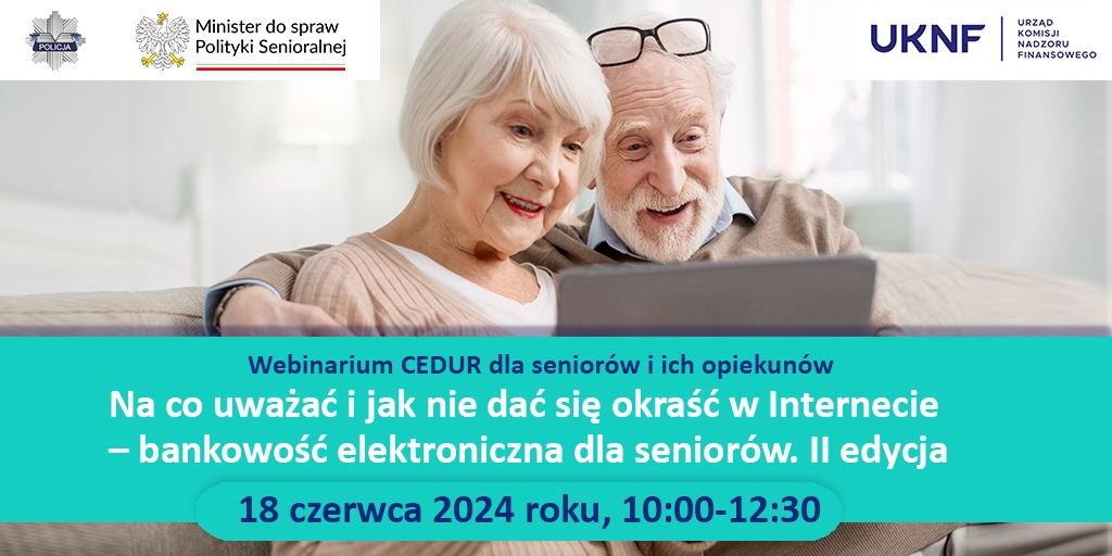 Grafika informująca o webinarium dla seniorów które odbędzie się 21 czerwca 2023r. 