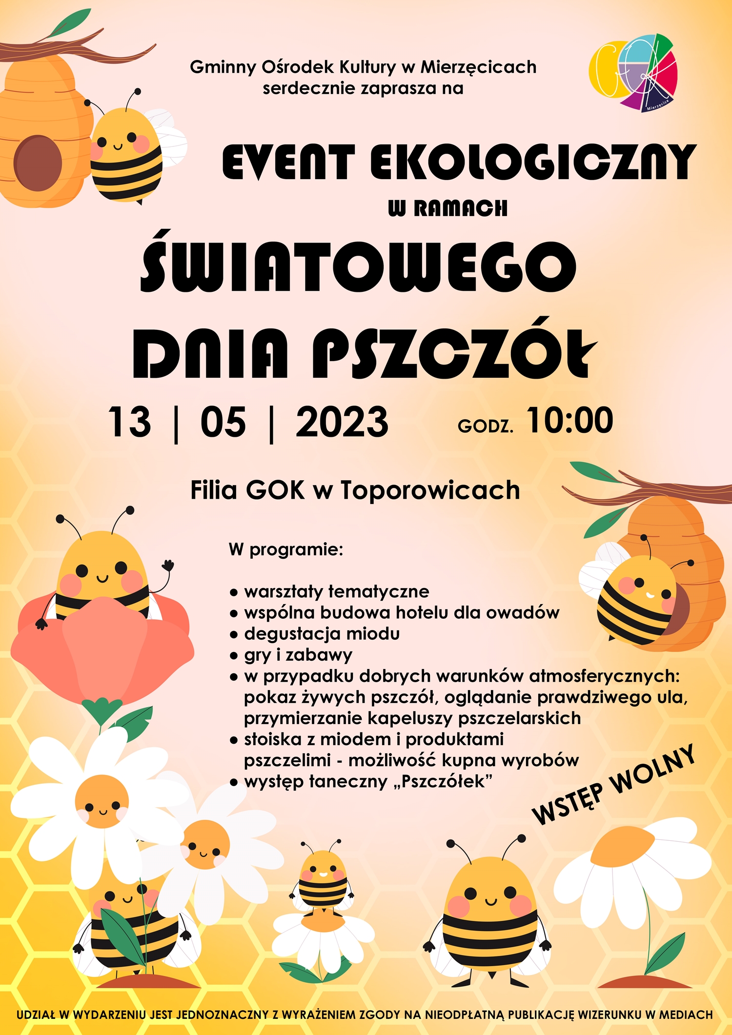 Plakat promujący event ekologiczny organizoawny przez GOK w ramach Światowego Dnia Pszczół